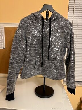 Ramy Brook Gray Sequined Hooded Pullover Sweatshirt